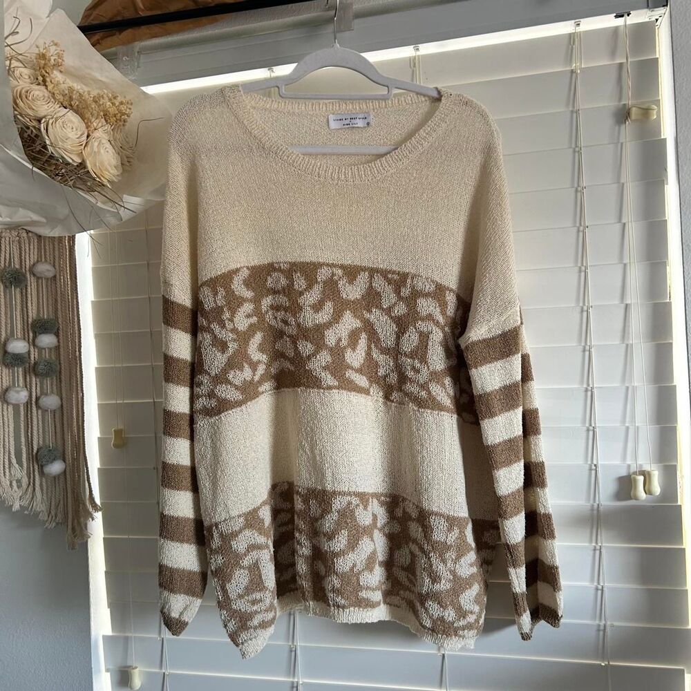 Cream Brown Leopard Stripe Knit Sweater Size S